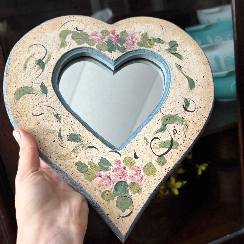 Cottagecore Vintage Heart Shaped Hand Painted Floral Wood Wall Mirror Decor Vtg